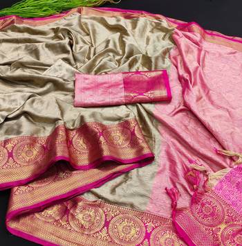 Beige Jacquard Woven Kanchipuram / Kanjivaram Silk Sarees With Blouse Piece 2