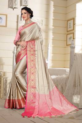 Beige Jacquard Woven Kanchipuram / Kanjivaram Silk Sarees With Blouse Piece 4