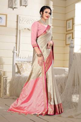 Beige Jacquard Woven Kanchipuram / Kanjivaram Silk Sarees With Blouse Piece 5