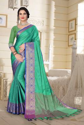 Turquoise Jacquard Woven Kanchipuram / Kanjivaram Silk Sarees With Blouse Piece 1