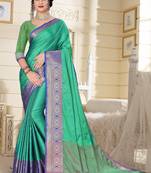 Turquoise Jacquard Woven Kanchipuram / Kanjivaram Silk Sarees With Blouse Piece