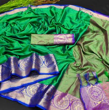 Turquoise Jacquard Woven Kanchipuram / Kanjivaram Silk Sarees With Blouse Piece 2