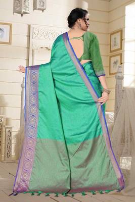 Turquoise Jacquard Woven Kanchipuram / Kanjivaram Silk Sarees With Blouse Piece 3