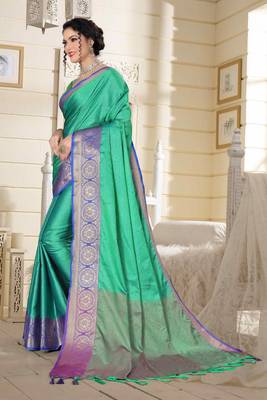 Turquoise Jacquard Woven Kanchipuram / Kanjivaram Silk Sarees With Blouse Piece 4