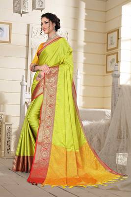 Green Jacquard Woven Kanchipuram / Kanjivaram Silk Sarees With Blouse Piece 4