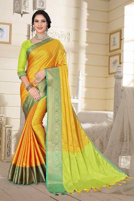Yellow Jacquard Woven Kanchipuram / Kanjivaram Silk Sarees With Blouse Piece 1