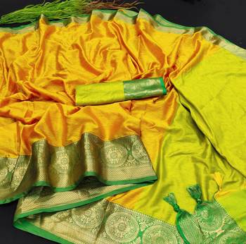 Yellow Jacquard Woven Kanchipuram / Kanjivaram Silk Sarees With Blouse Piece 2