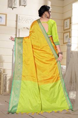 Yellow Jacquard Woven Kanchipuram / Kanjivaram Silk Sarees With Blouse Piece 3