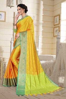 Yellow Jacquard Woven Kanchipuram / Kanjivaram Silk Sarees With Blouse Piece 4