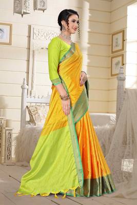 Yellow Jacquard Woven Kanchipuram / Kanjivaram Silk Sarees With Blouse Piece 5