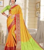 Light Yellow Jacquard Woven Kanchipuram / Kanjivaram Silk Sarees With Blouse Piece