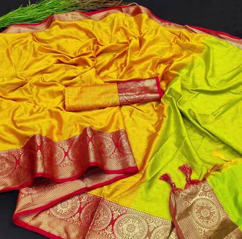 Light Yellow Jacquard Woven Kanchipuram / Kanjivaram Silk Sarees With Blouse Piece 2