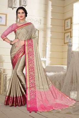 Beige Jacquard Woven Kanchipuram / Kanjivaram Silk Sarees With Blouse Piece 1