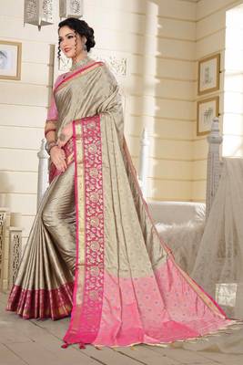 Beige Jacquard Woven Kanchipuram / Kanjivaram Silk Sarees With Blouse Piece 4