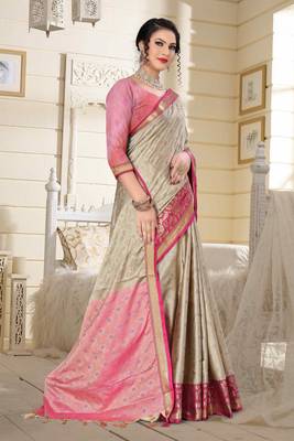 Beige Jacquard Woven Kanchipuram / Kanjivaram Silk Sarees With Blouse Piece 5