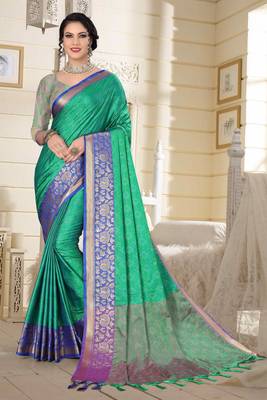 Turquoise Jacquard Woven Kanchipuram / Kanjivaram Silk Sarees With Blouse Piece 1