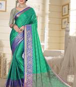 Turquoise Jacquard Woven Kanchipuram / Kanjivaram Silk Sarees With Blouse Piece