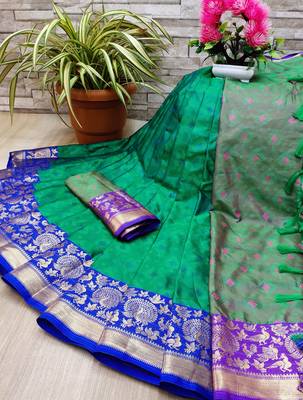 Turquoise Jacquard Woven Kanchipuram / Kanjivaram Silk Sarees With Blouse Piece 2