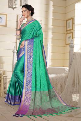 Turquoise Jacquard Woven Kanchipuram / Kanjivaram Silk Sarees With Blouse Piece 4