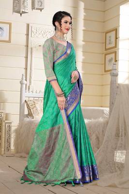 Turquoise Jacquard Woven Kanchipuram / Kanjivaram Silk Sarees With Blouse Piece 5