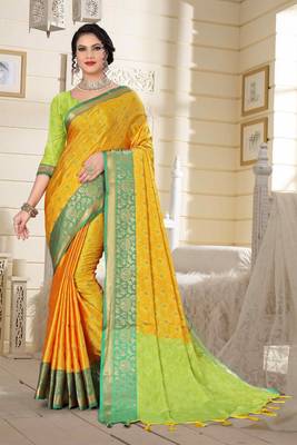 Yellow Jacquard Woven Kanchipuram / Kanjivaram Silk Sarees With Blouse Piece 1