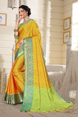Yellow Jacquard Woven Kanchipuram / Kanjivaram Silk Sarees With Blouse Piece 4