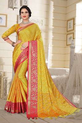 Light Lemon Jacquard Woven Kanchipuram / Kanjivaram Silk Sarees With Blouse Piece 1