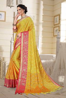 Light Lemon Jacquard Woven Kanchipuram / Kanjivaram Silk Sarees With Blouse Piece 4