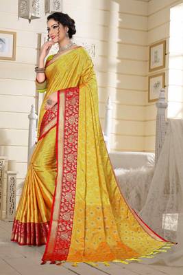 Light Yellow Jacquard Woven Kanchipuram / Kanjivaram Silk Sarees With Blouse Piece 4