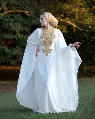SALE!! New Embellished Silver & gold Beaded Stone Moroccan Floweriness Dubai Georgette Kaftan Takshita Var 2