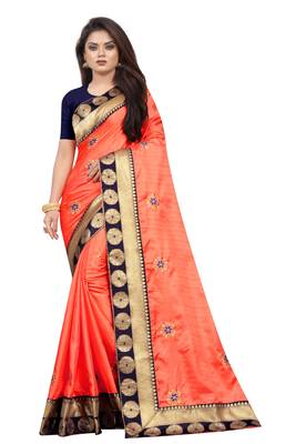 Peach Embroidery Zari Saree with Jacquard Border and With Blouse 1