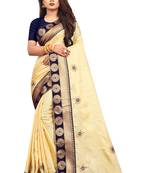 Cream Embroidery Zari Saree with Jacquard Border and With Blouse