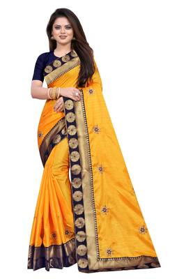 Yellow Embroidery Zari Saree with Jacquard Border and With Blouse 1
