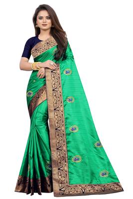 Dark Green Embroidery Zari Saree with Jacquard Border and With Blouse 1