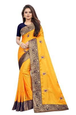 Yellow Embroidery Zari Saree with Jacquard Border and With Blouse 1
