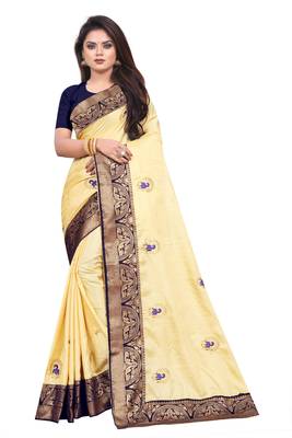 Cream Embroidery Zari Saree with Jacquard Border and With Blouse 1