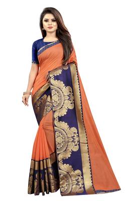 Orange Color Chanderi Cotton Jacquard Border Blouse Saree with Blouse 1