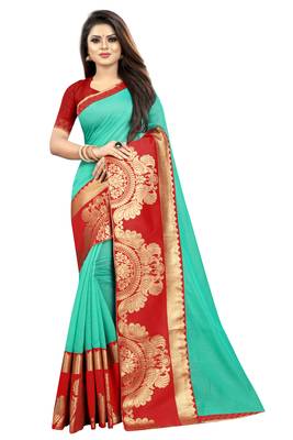 Rama Olive Color Chanderi Cotton Jacquard Border Blouse Saree with Blouse 1