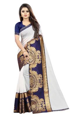 White Blue Color Chanderi Cotton Jacquard Border Blouse Saree with Blouse 1