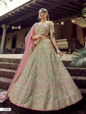 Green embroidered organza semi stitched lehenga 1