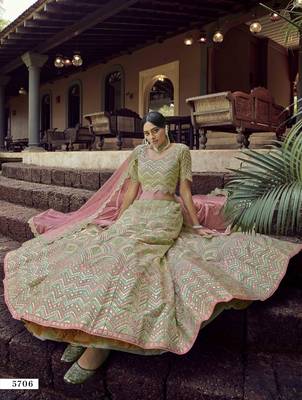 Green embroidered organza semi stitched lehenga 2