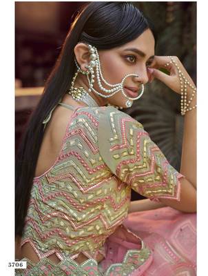 Green embroidered organza semi stitched lehenga 4