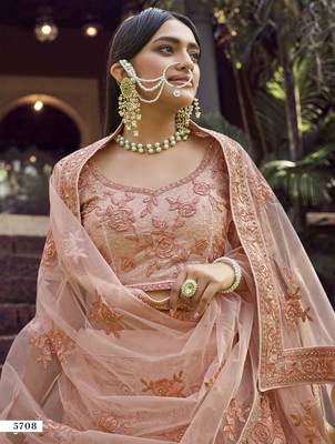 Peach embroidered georgette semi stitched lehenga 2