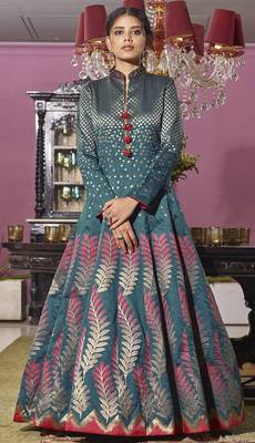 Turquoise hand embroidery jacquard salwar 2