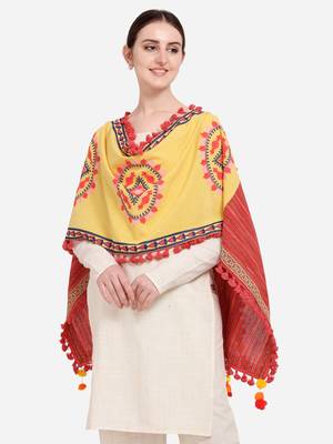 Lemon Yellow Circle Embroidered Lining Panel Linen Festive Dupatta 2