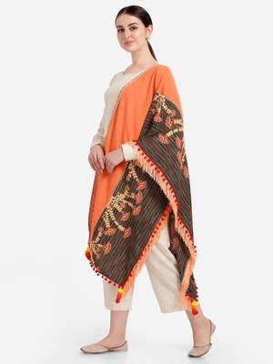 Peach Marigold Embroidered Half And Half Linen Festive Dupatta 2