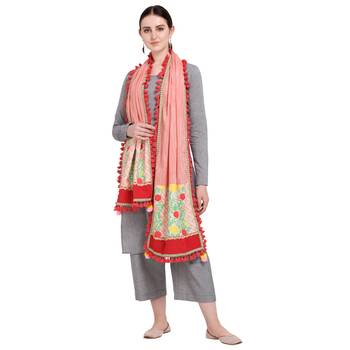 Peach Floral Embroidered Linen Festive Dupatta 2