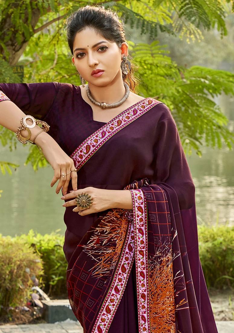 Burgundy Woven Design Georgette Saree With Unstitched Blouse Piece