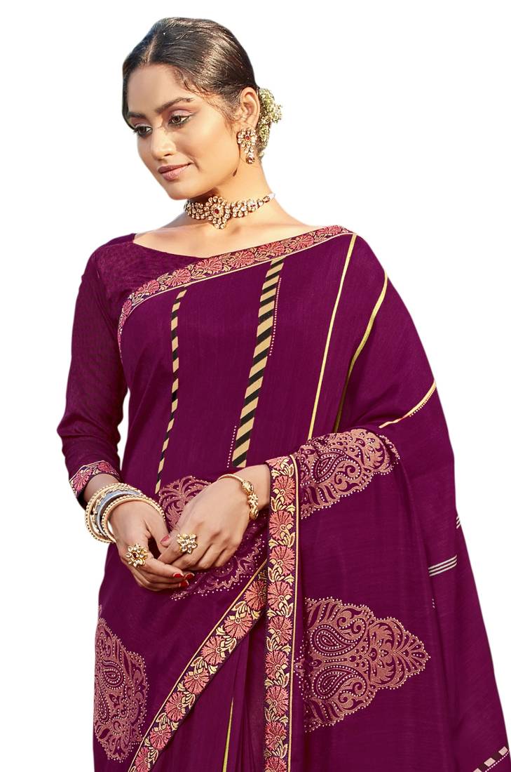 Women's Silk Cotton Burgundy Printed Designer Saree With Blouse Piece