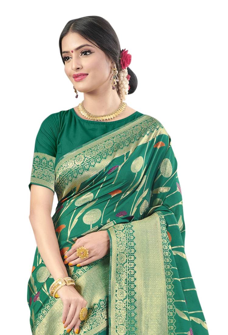 Women Turquoise Cotton Blend Printed Saree With Unstitched Blouse